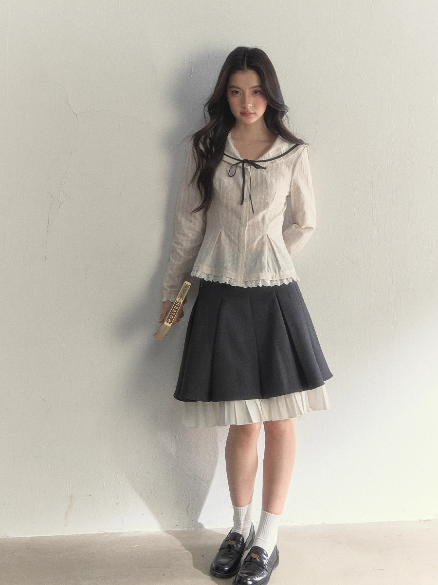 Beige Textured Sailor Collar Shirt &amp; Skirt Set