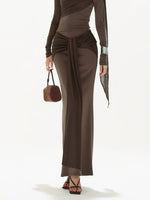 Brown Ruched Knit Blouse & Skirt Set