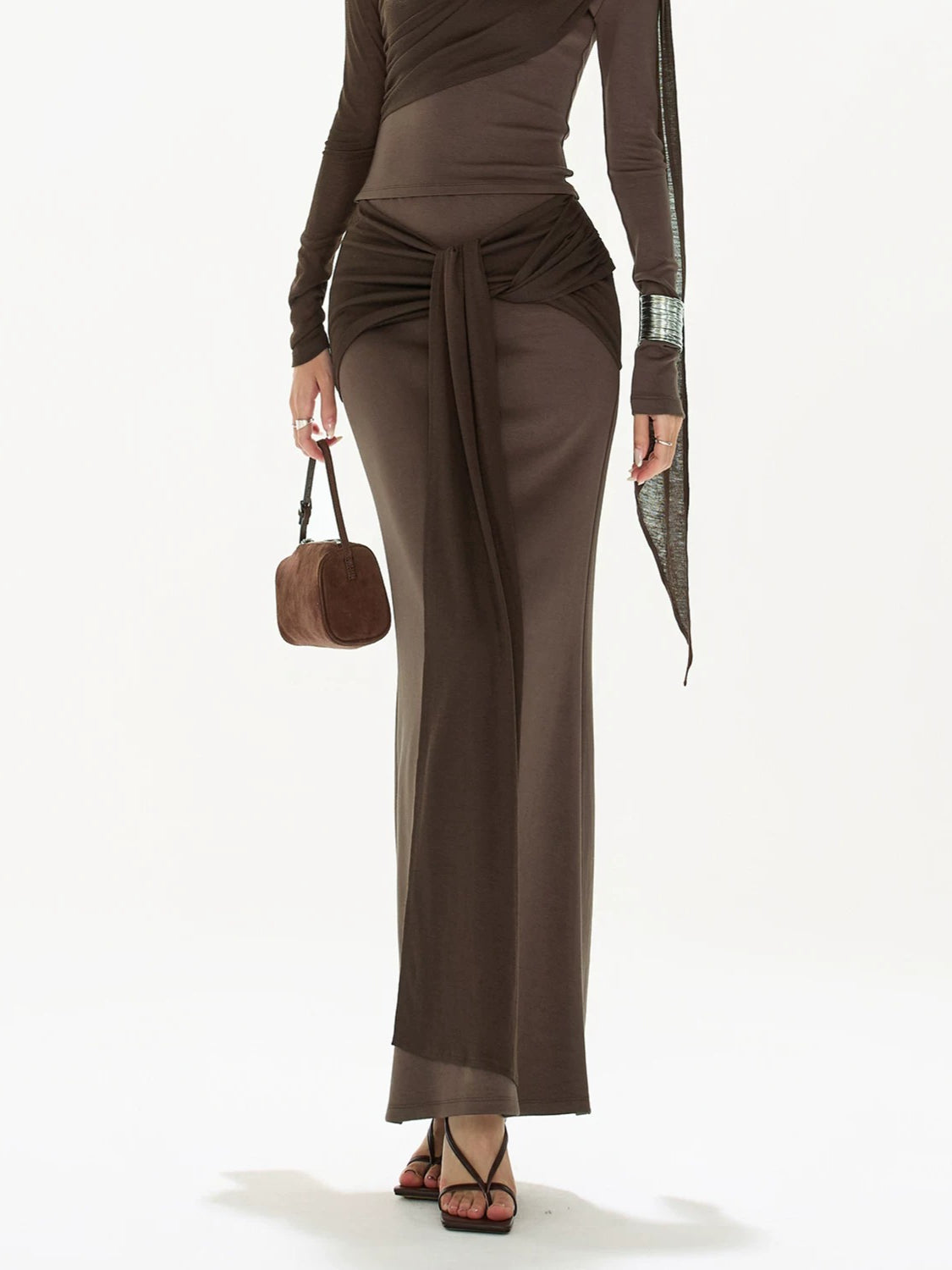 Brown Ruched Knit Blouse &amp; Skirt Set