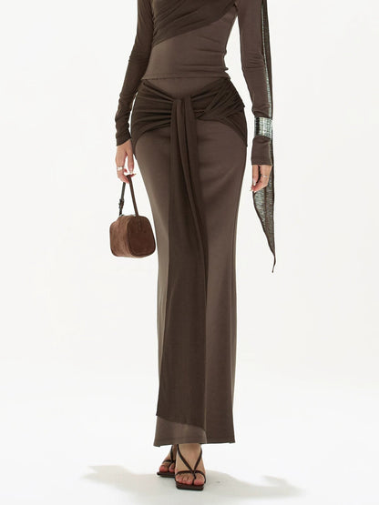 Brown Ruched Knit Blouse &amp; Skirt Set