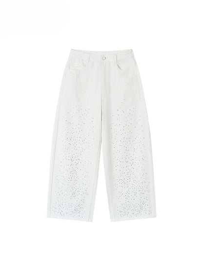 3D Rhinestone Wide - leg Denim Pants