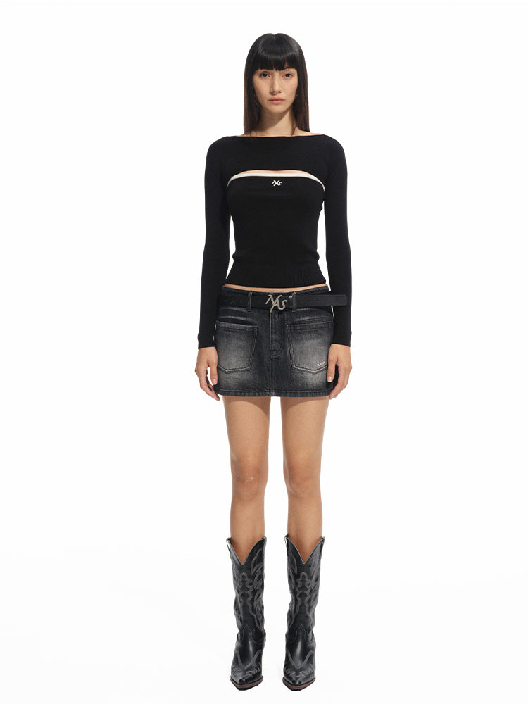 Wool Real Two-piece Layered Waist-cinching Top