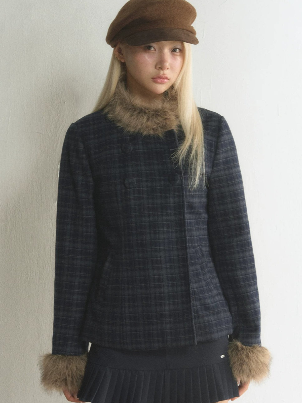 Plaid Fur-Trimmed Double-Breasted Jacket