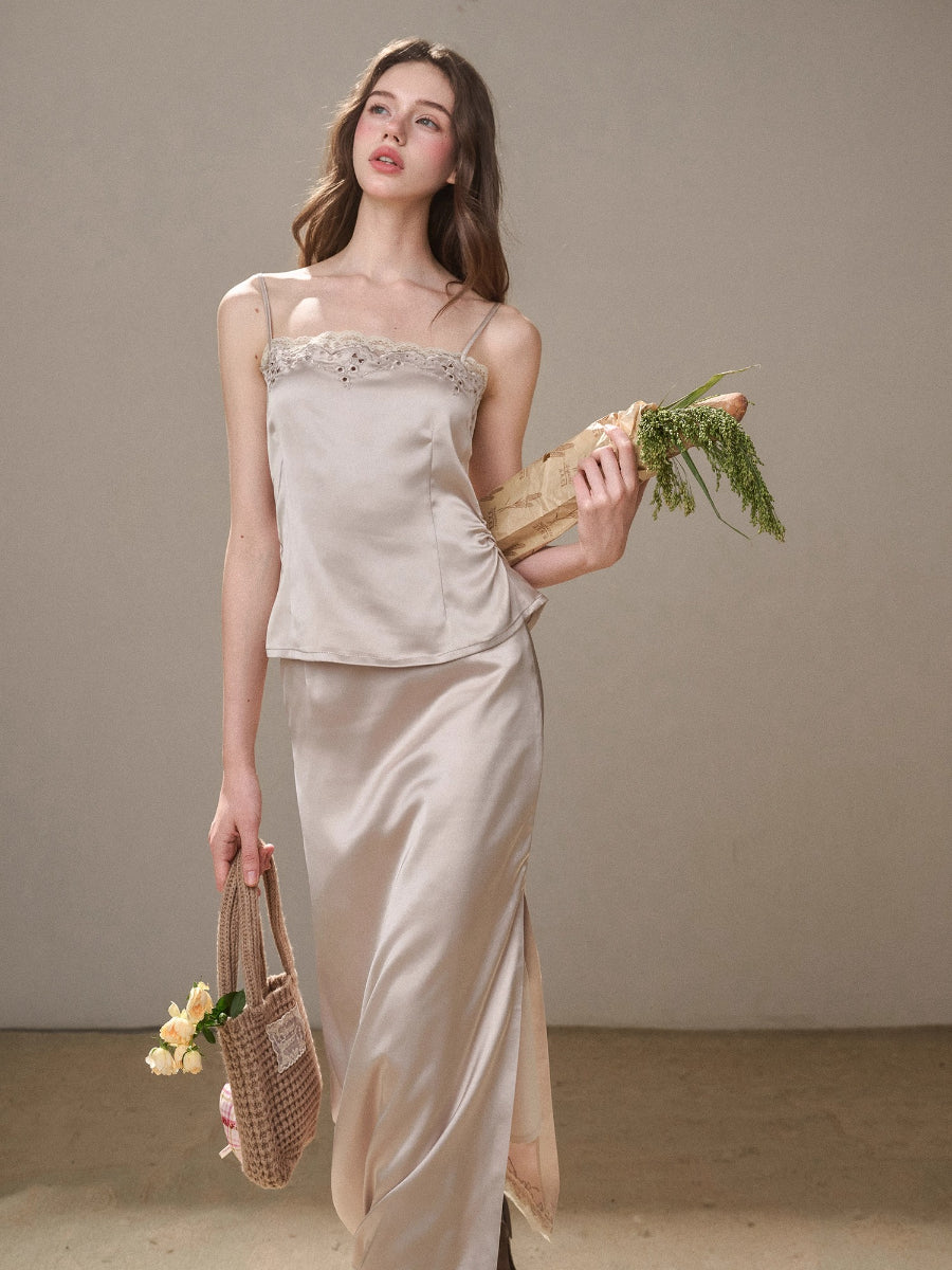 Cosagach Pearl Satin Embroidered Camisole &amp; Skirt Set