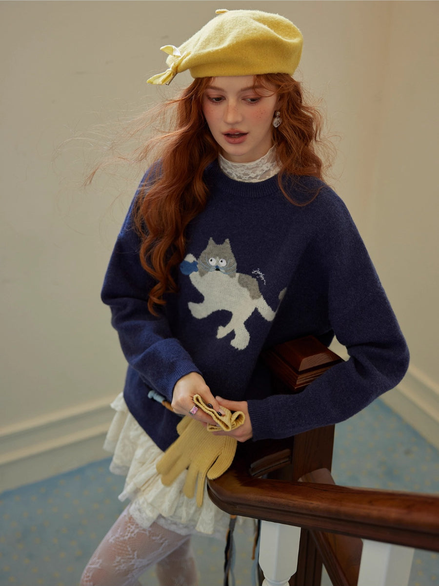 Cat Embroidery Jacquard Knit Sweater