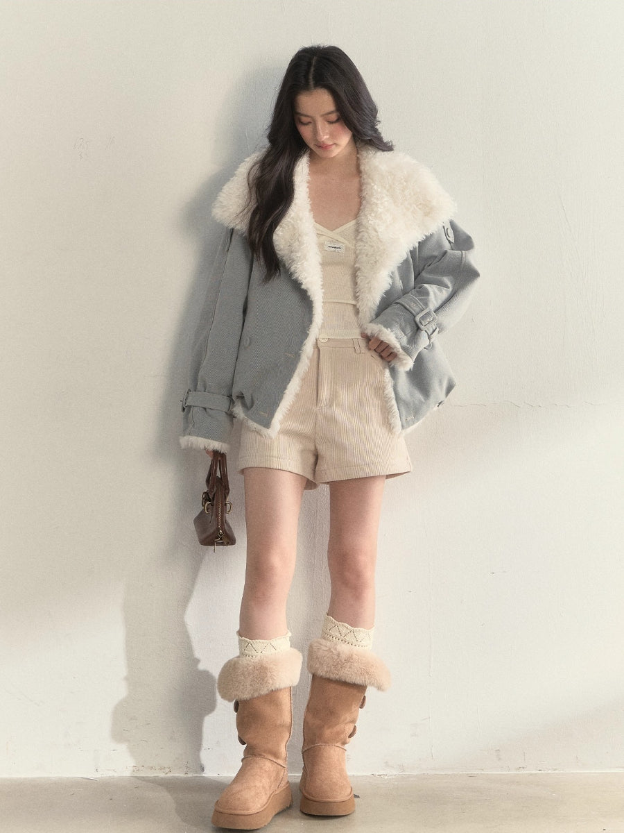 “Warm Oak Grove” Double-Breasted Faux Shearling Parka