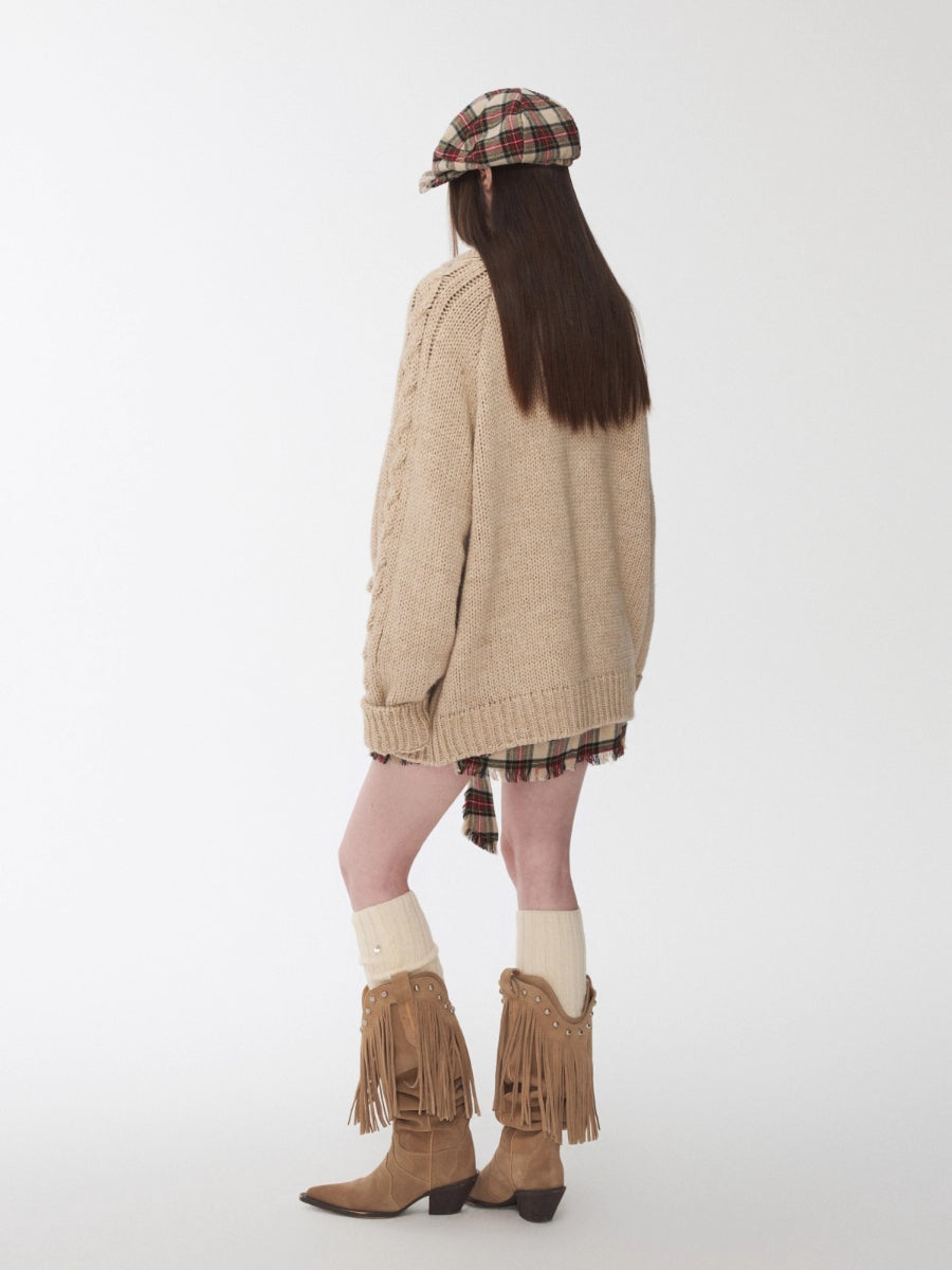 Pony Jacquard Horn-Button Chunky Cardigan