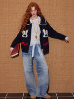 Contrast-Trim Horse Jacquard Knit Zip Cardigan