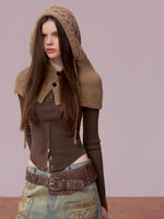Brown Leather Buckle Cardigan & Hooded Cape Set