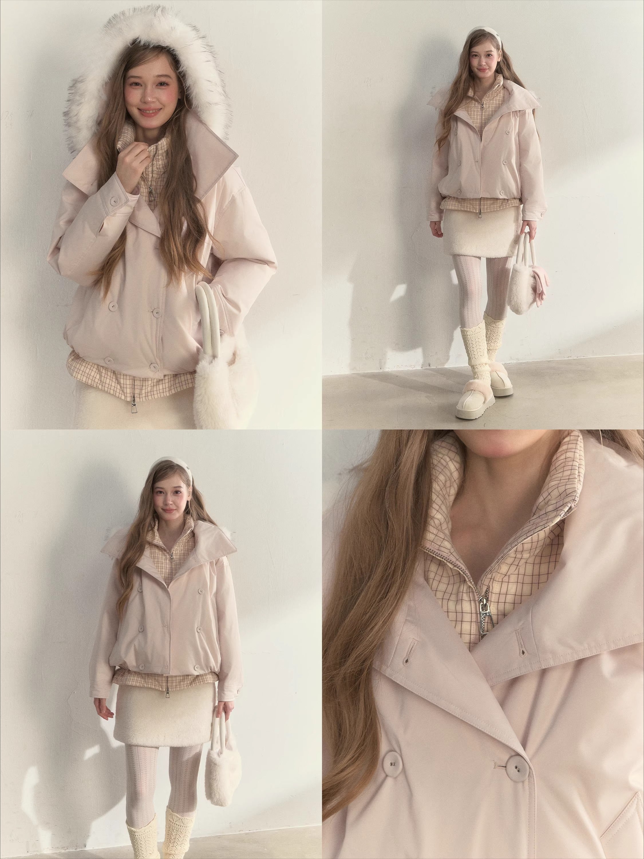 Double-Breasted Plaid Faux-Layered Paperbag Down Parka