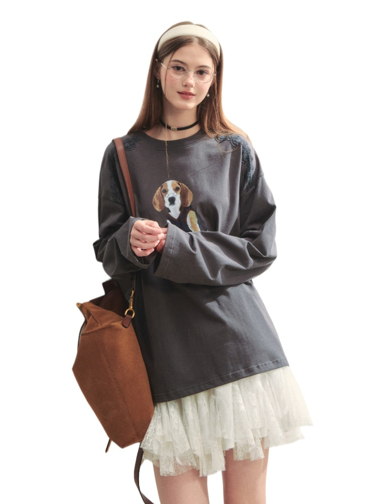 Lace Panel Dog Print Crew Neck Tee