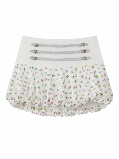 White Cat Print Pleated Skirt