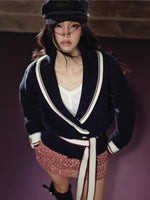 Color-Block Collared Tie-Waist Sweater