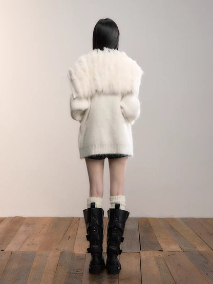Fox Fur Large Notch Collar Cardigan