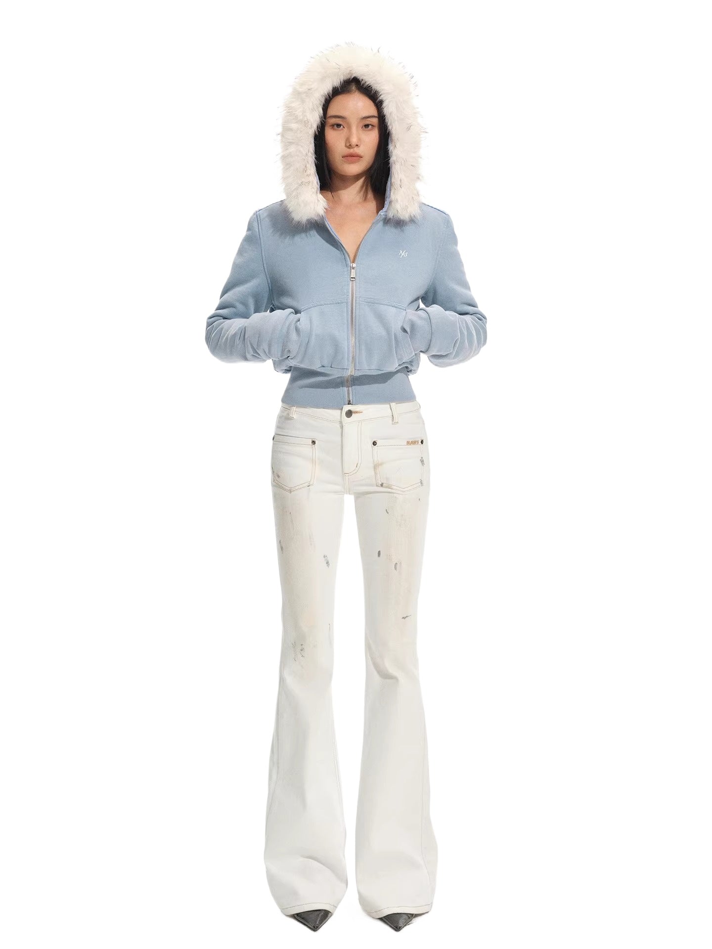 Fox Fur Trim Washed Cotton Fitted Hoodie