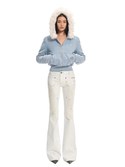 Fox Fur Trim Washed Cotton Fitted Hoodie