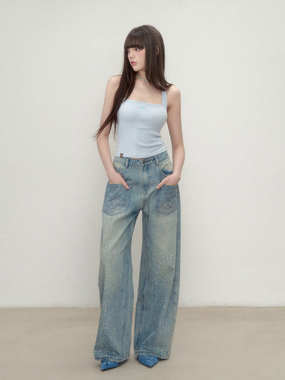 3D Rhinestone Wide-Leg Denim Pants