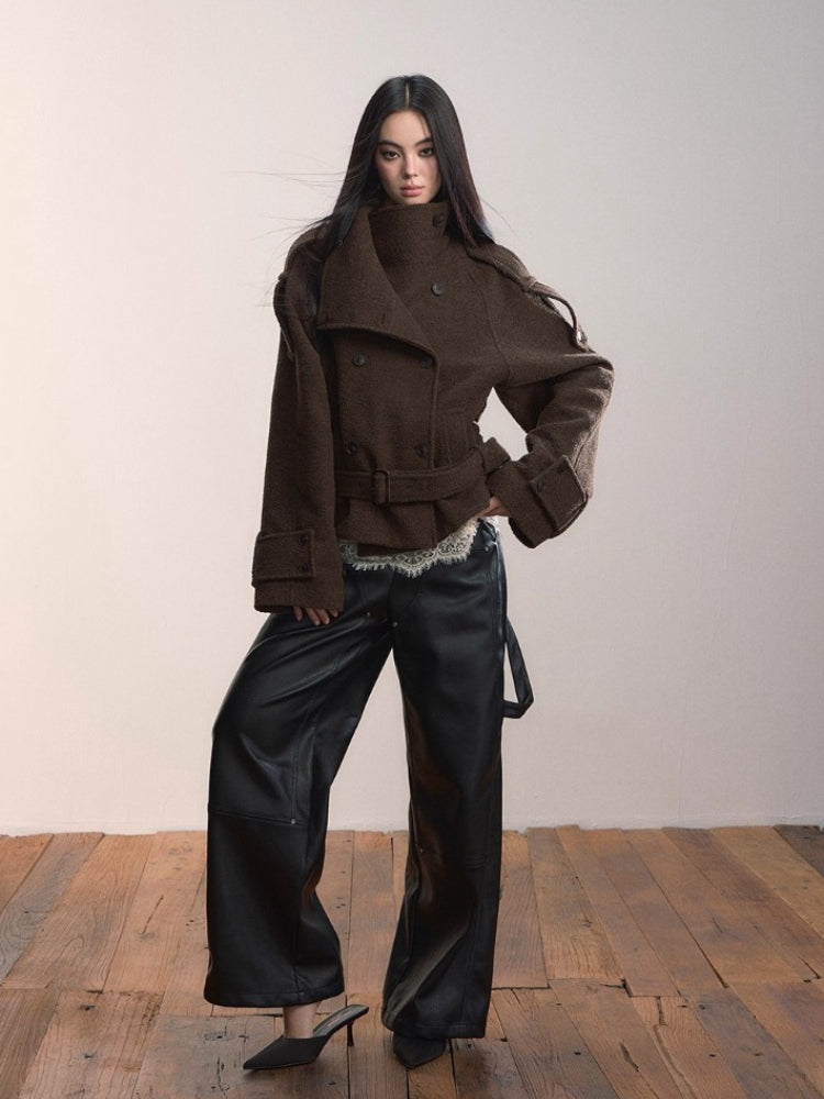 Contrast Double-Breasted Wool-Blend Coat
