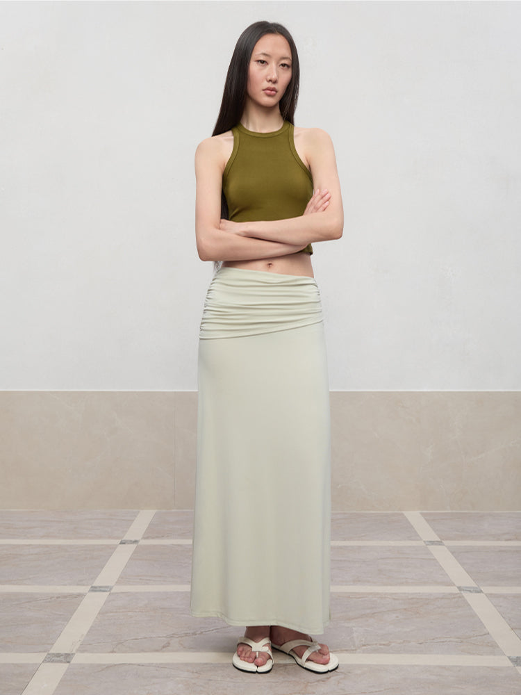 Lyocell Pleated Mid-Low Waist Midi Skirt