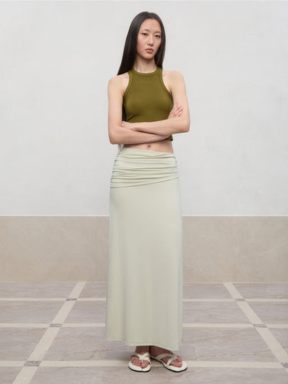 Lyocell Pleated Mid-Low Waist Midi Skirt