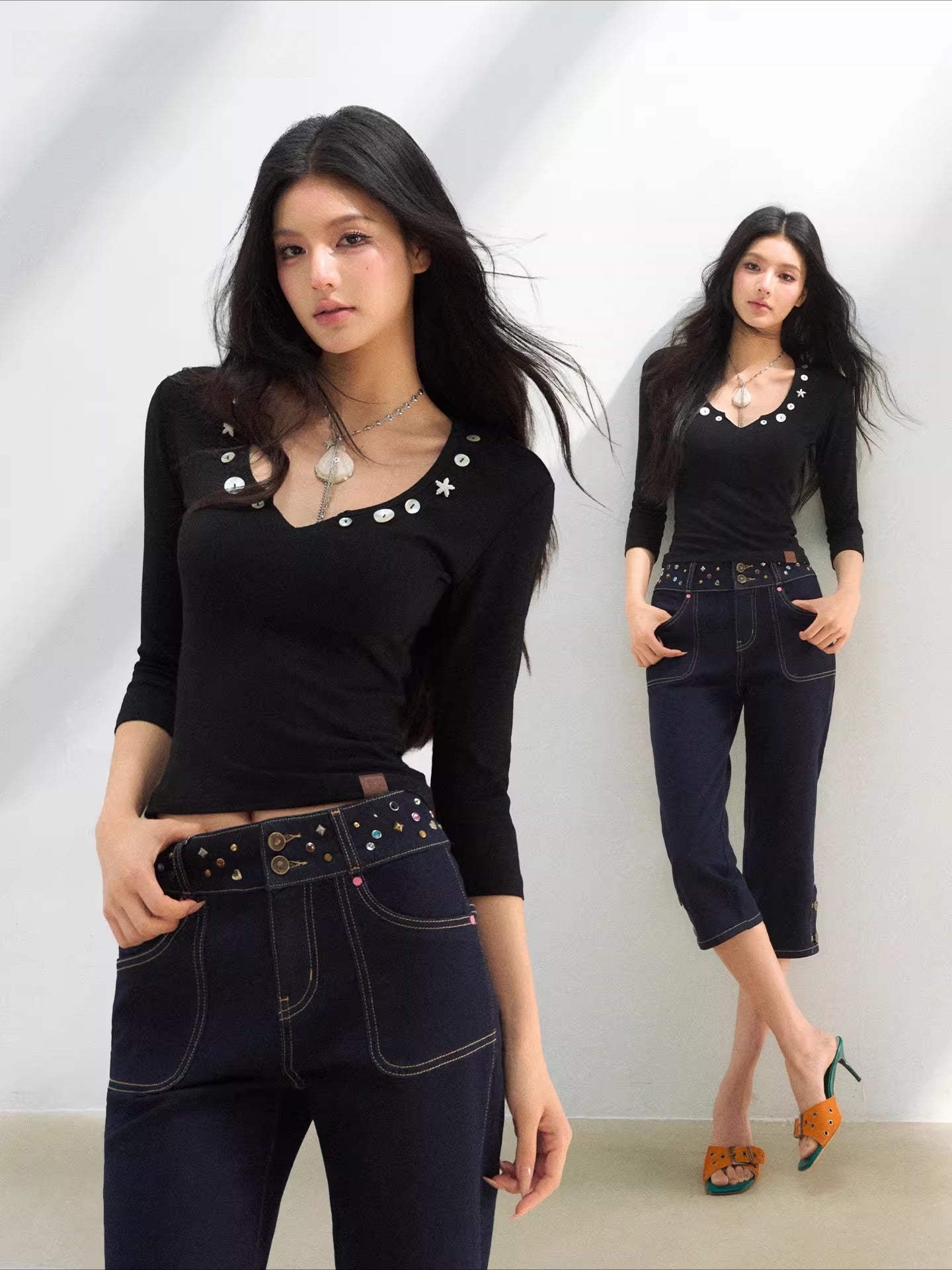 Embellished V-Neck Knit Top