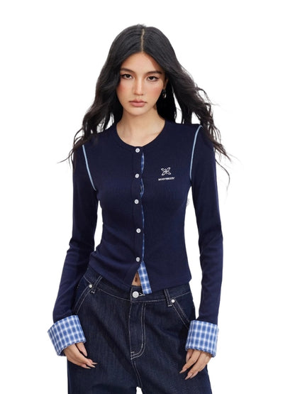 Navy Plaid Embroidered Knit Top