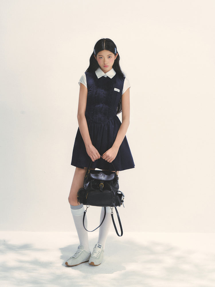 Miu-style Fake Two-piece Navy Blue Dress
