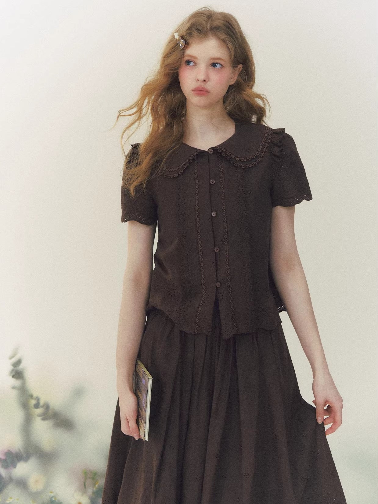 Brown Doll Collar Blouse &amp; Skirt Set