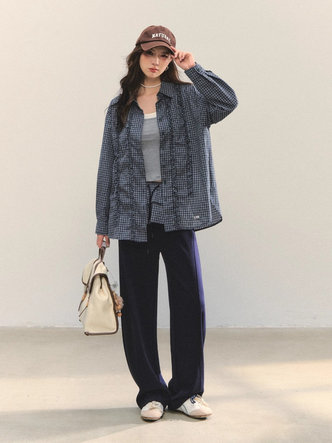 Plaid Ruffle Drawstring Pleated Shirt &amp; Sweatpants Set