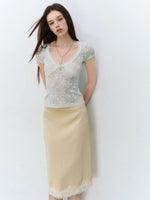 Pink & Green Lace Knit V‑Neck Tee