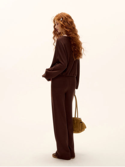 Waffle Knit V-Neck Pullover &amp; Tie Vest Set with Wide-Leg Pants