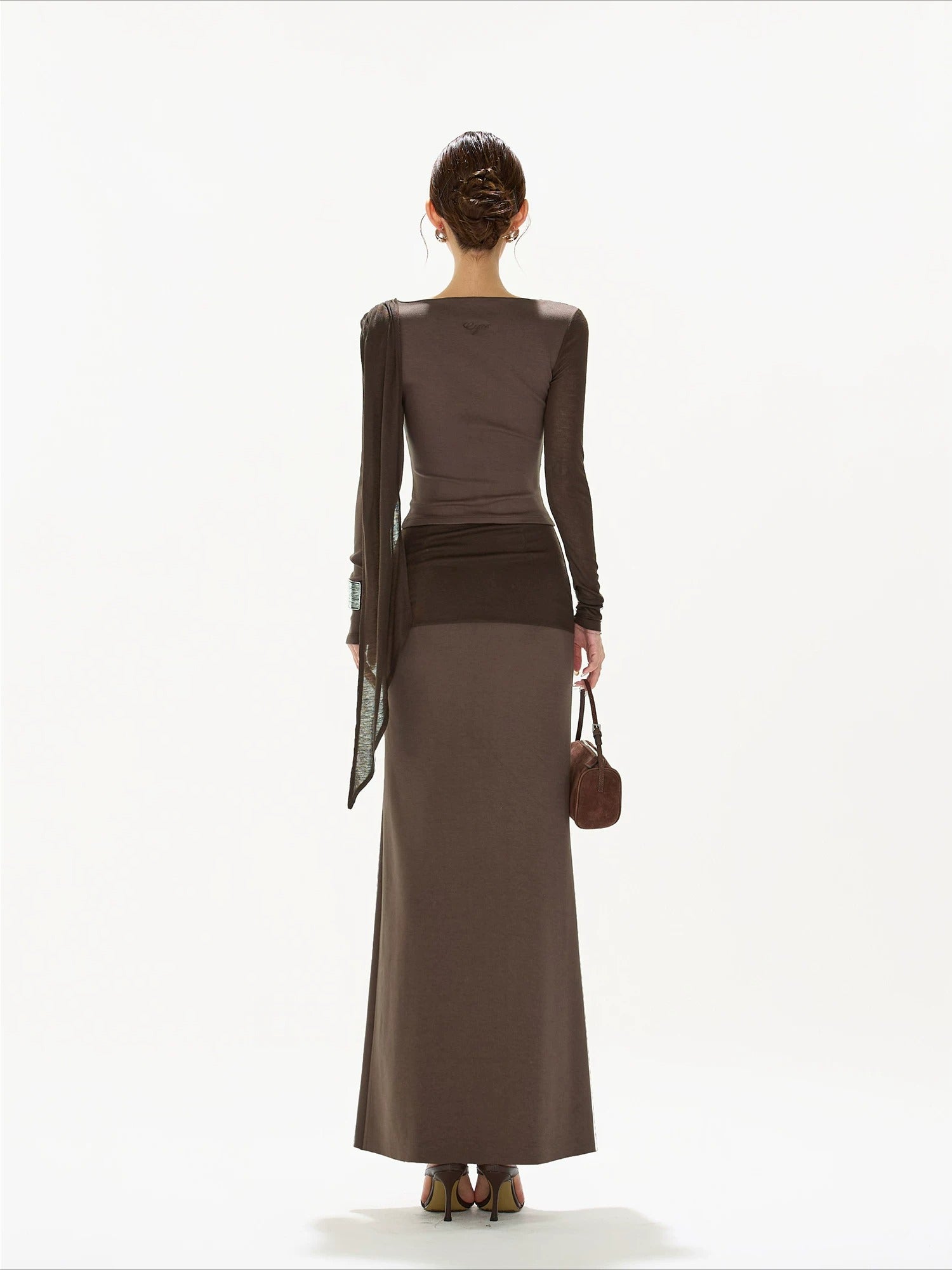 Brown Ruched Knit Blouse &amp; Skirt Set
