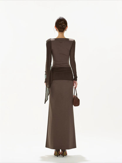 Brown Ruched Knit Blouse &amp; Skirt Set