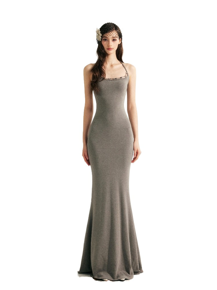 Beaded Halter Knit Fishtail Dress