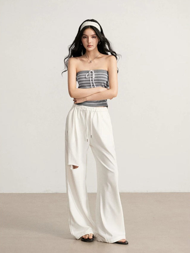 Gray &amp; Beige Distressed Wide-Leg Pants