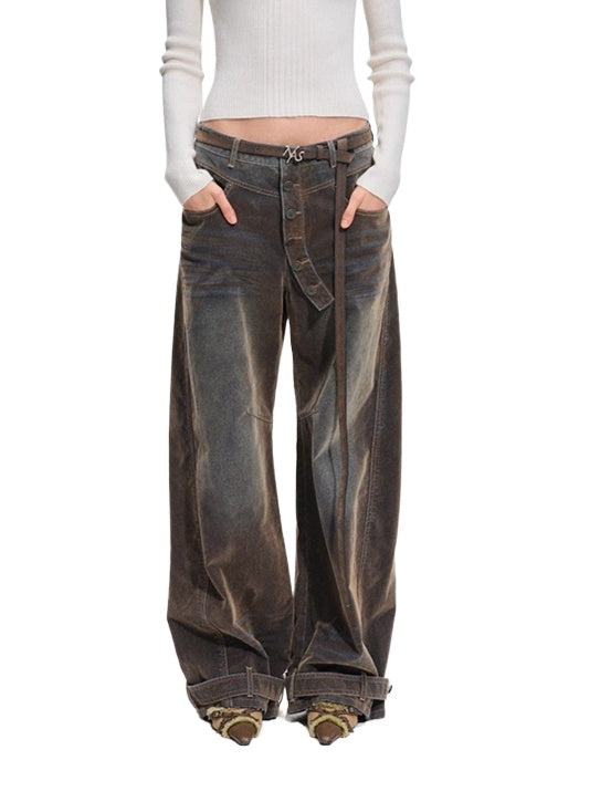 Terracotta Velvet-Washed Wide-Leg Jeans