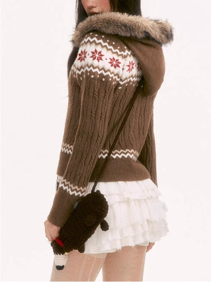 Brown Fair Isle Hooded Cardigan