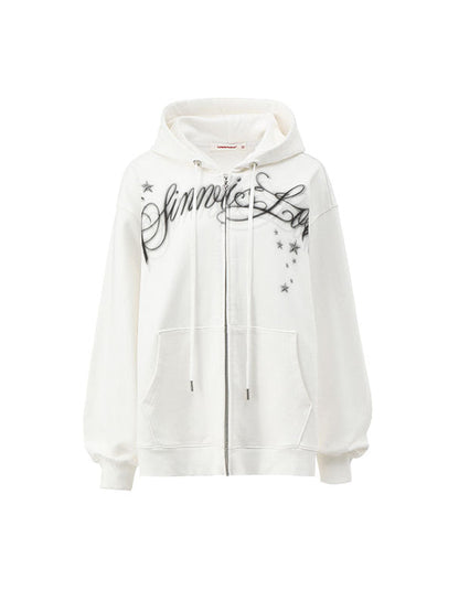Spray-painted Letter Print Loose Zip-up Hoodie