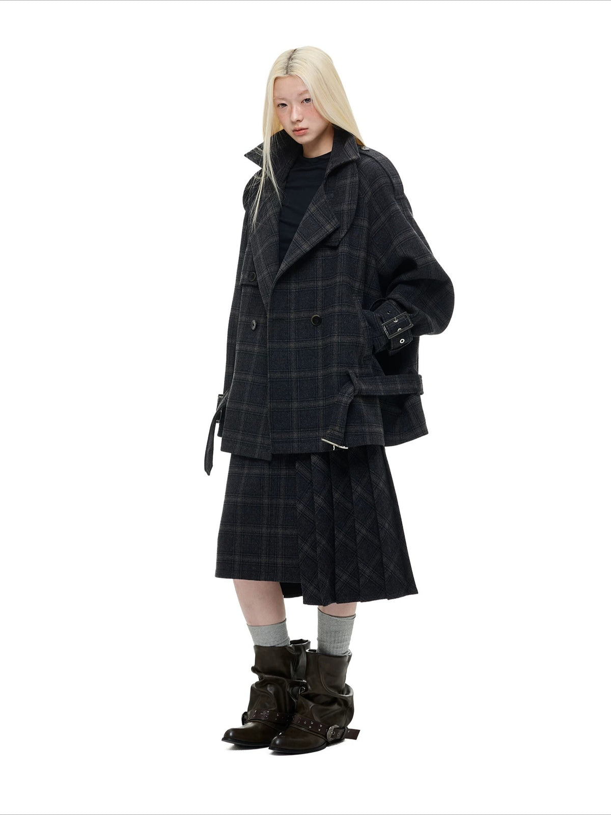 Vintage Black Plaid Wool Blend Jacket Set