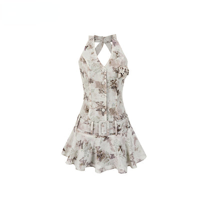 Apricot &amp; Light Green Printed Halter Dress