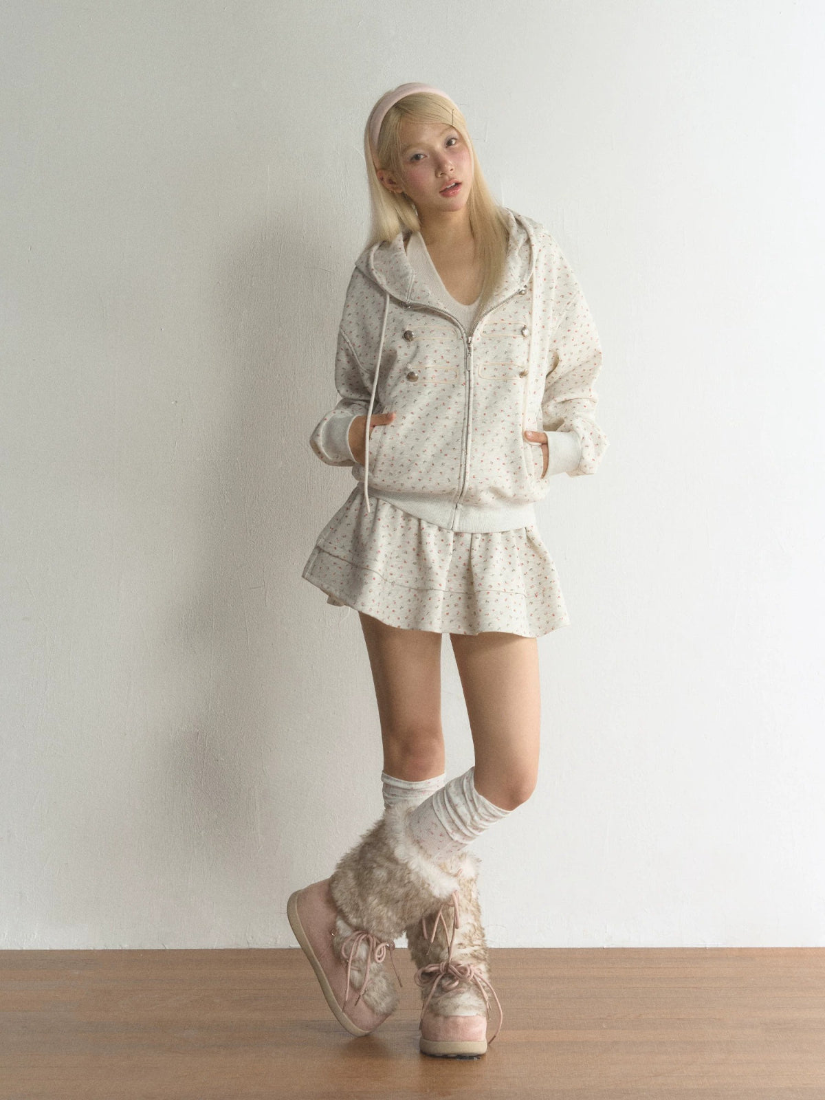 Floral Military Detail Zip-Up Hoodie