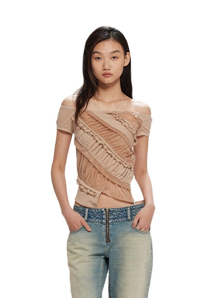 Apricot Embellished Mesh-Trim Knit Top