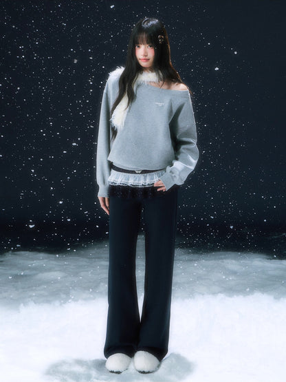 Navy Blue Star Lace Pleated Straight-leg Pant Set