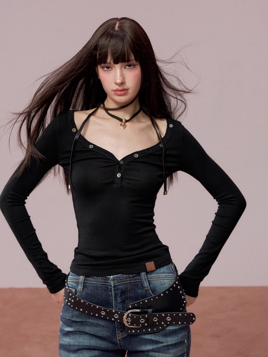 Button Detail Crewneck Top