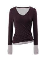 Wool Contrast V Neck Ruched Top