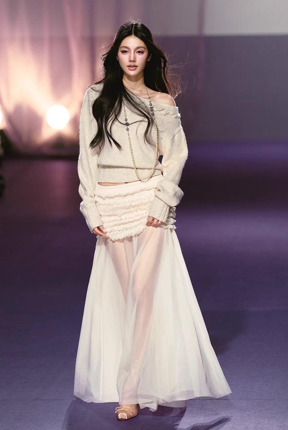 Pleated Mesh Maxi Skirt