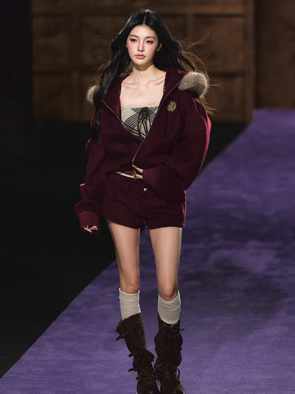 Wool-Blend Hooded Shorts Set