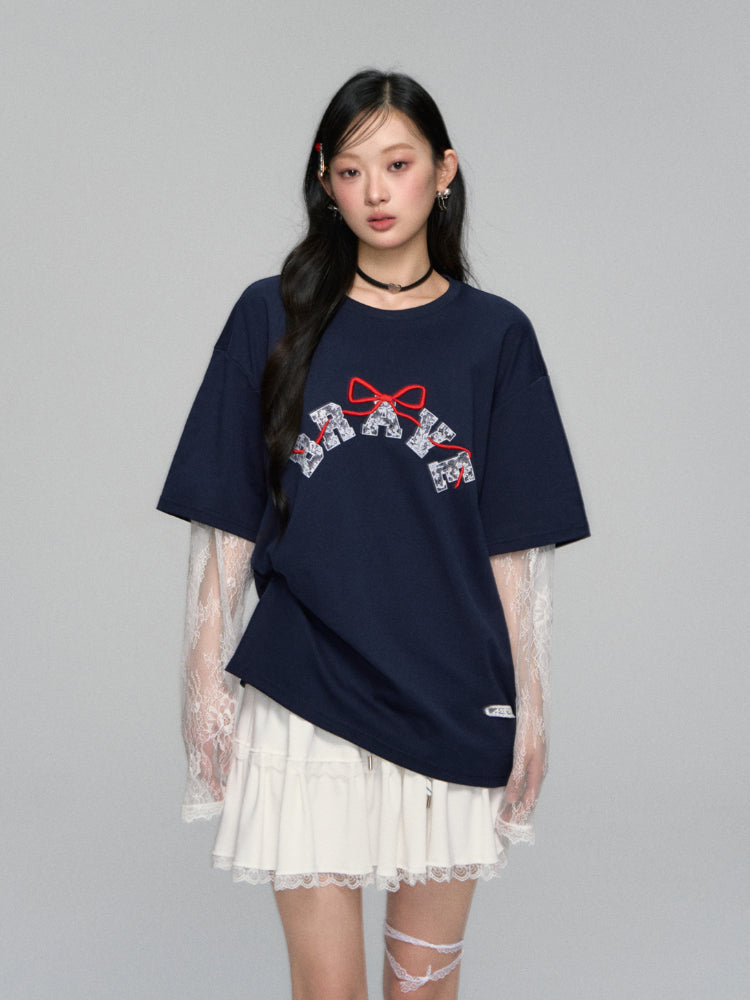 Lace-spliced Alphabet Bow T-shirt