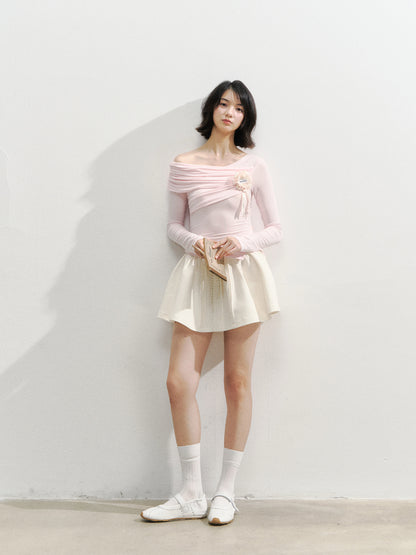 Asymmetric Shoulder Voluminous Ruched T-Shirt