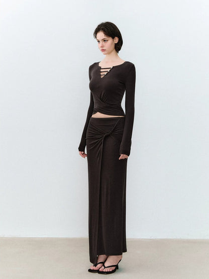 Brown Twist Top &amp; Skirt Set